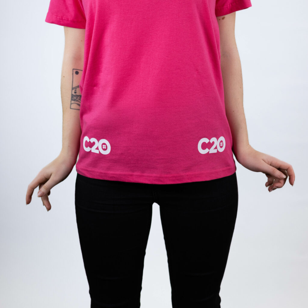 Pink t-shirt featuring Bottom Right and Left logo placements.