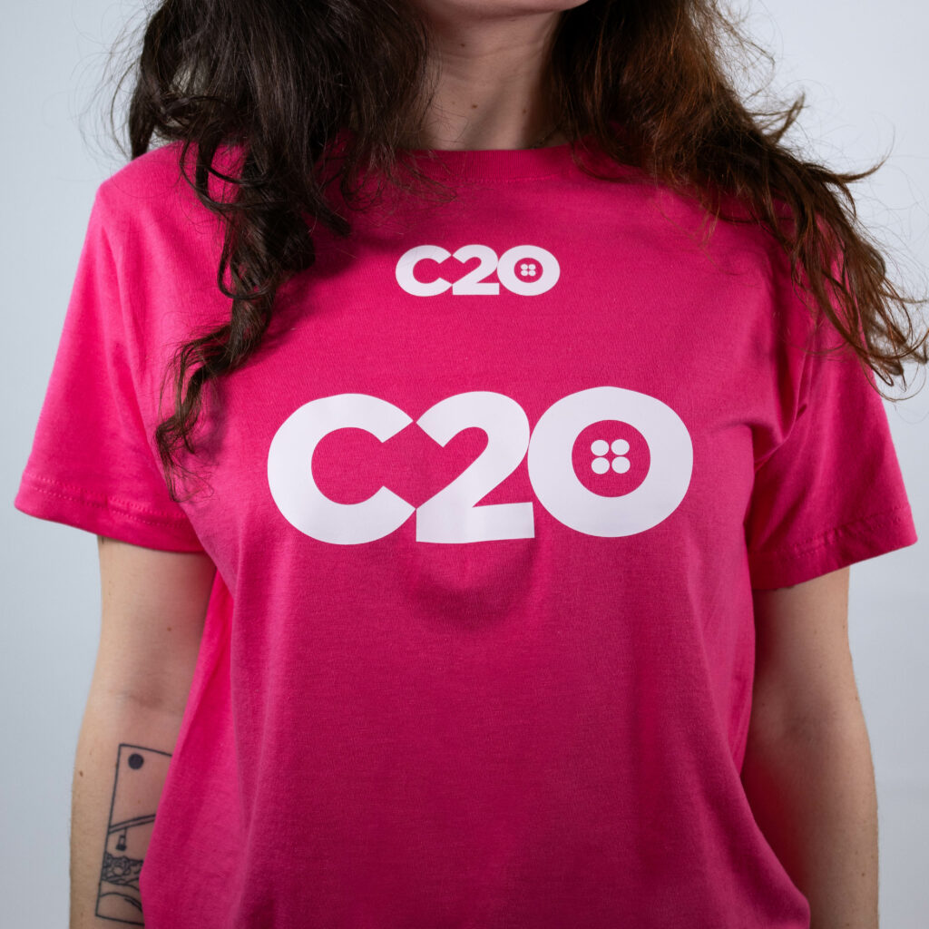 Pink t-shirt featuring Centre Chest logo placement.