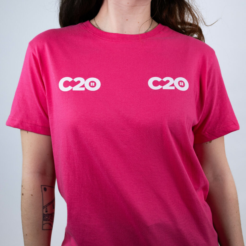 Pink t-shirt featuring Right and Left Chest logo placements.